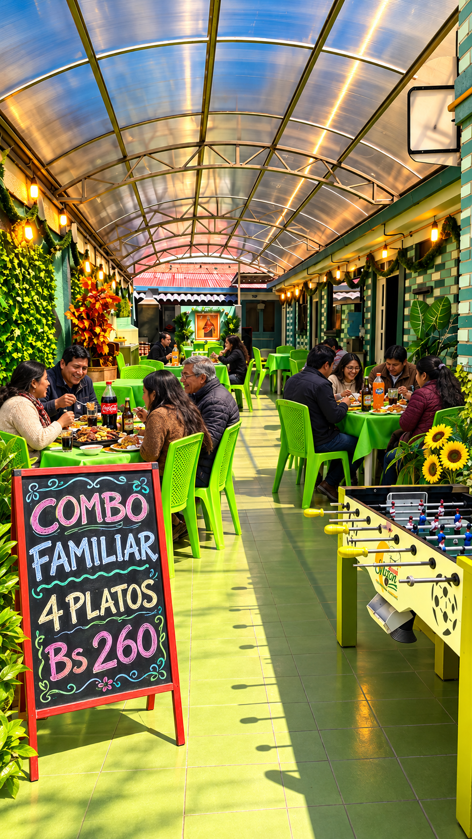 Patio cubierto de Buen Sazón Oruro, con comensales recreados y platos y bebidas sobre las mesas