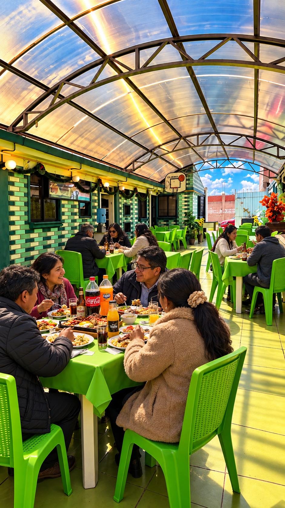 Patio cubierto de Buen Sazón Oruro, con comensales recreados y platos y bebidas sobre las mesas