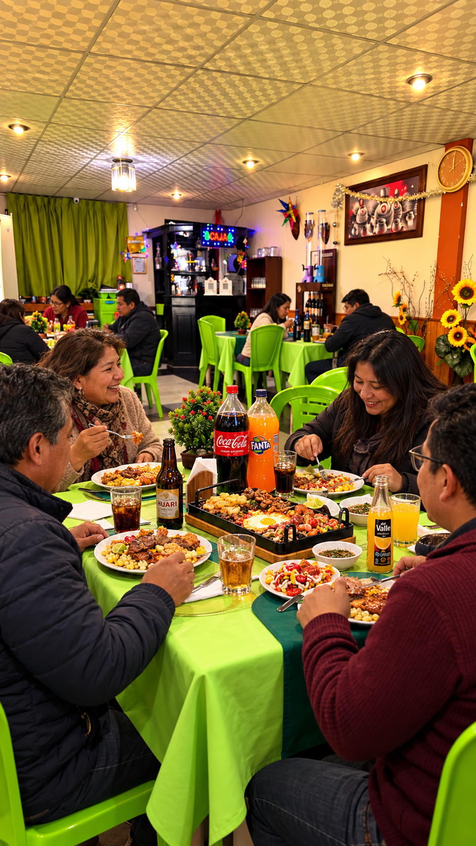 Salón interior de Buen Sazón Oruro, con comensales recreados y platos y bebidas sobre las mesas