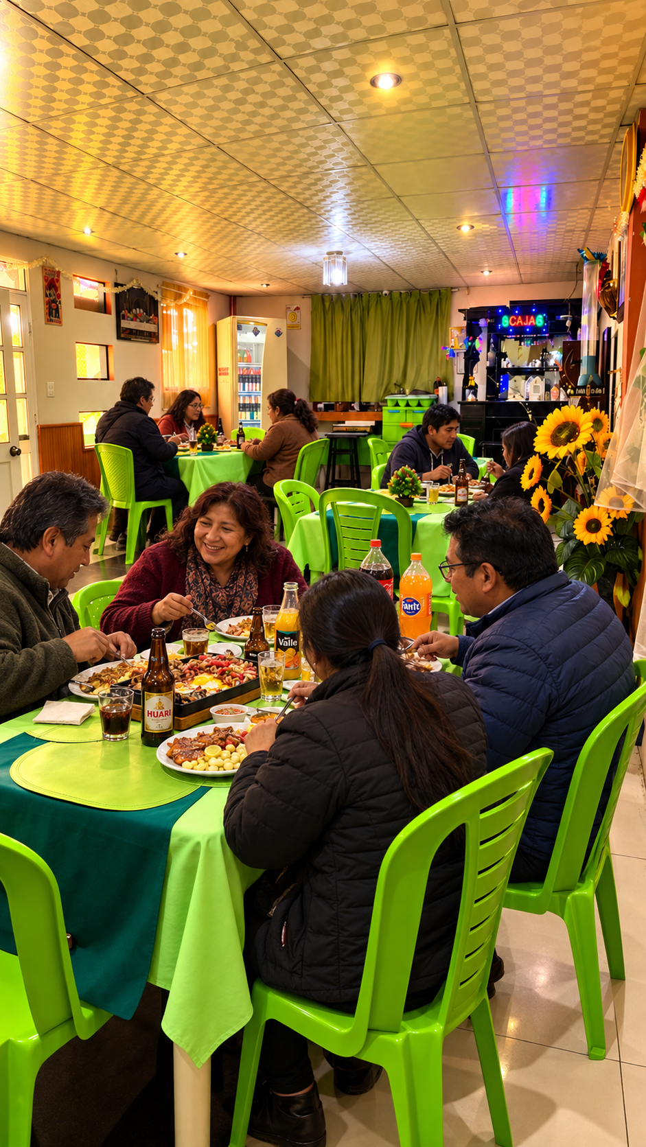 Salón interior de Buen Sazón Oruro, con comensales recreados y platos y bebidas sobre las mesas