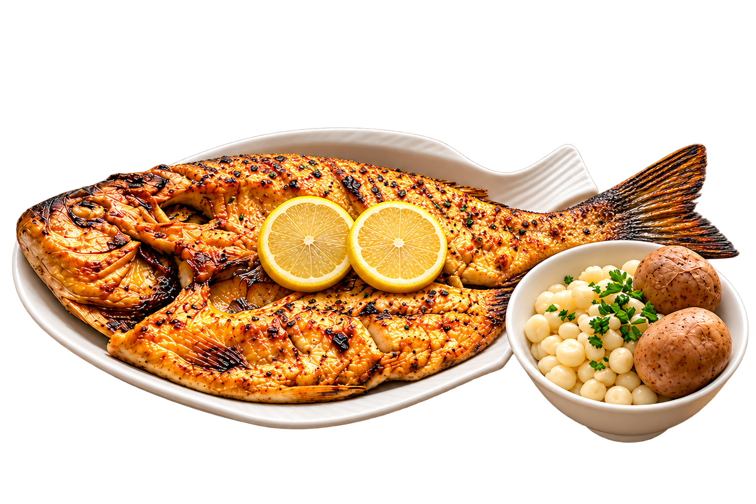 Pacú completo a la parrilla con cola y acompañamiento de mote y papas